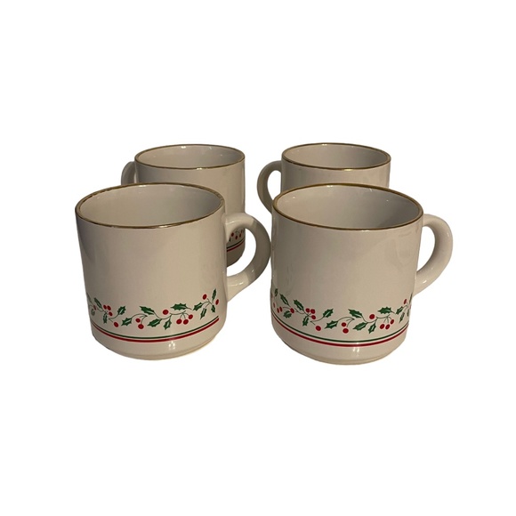 Vintage 1987 Arby's Gold Rim Christmas Holly Hot Cocoa Coffee Mugs Set of 4 - Picture 2 of 9
